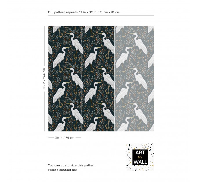 Dark botanical wallpaper with birds, herons pattern