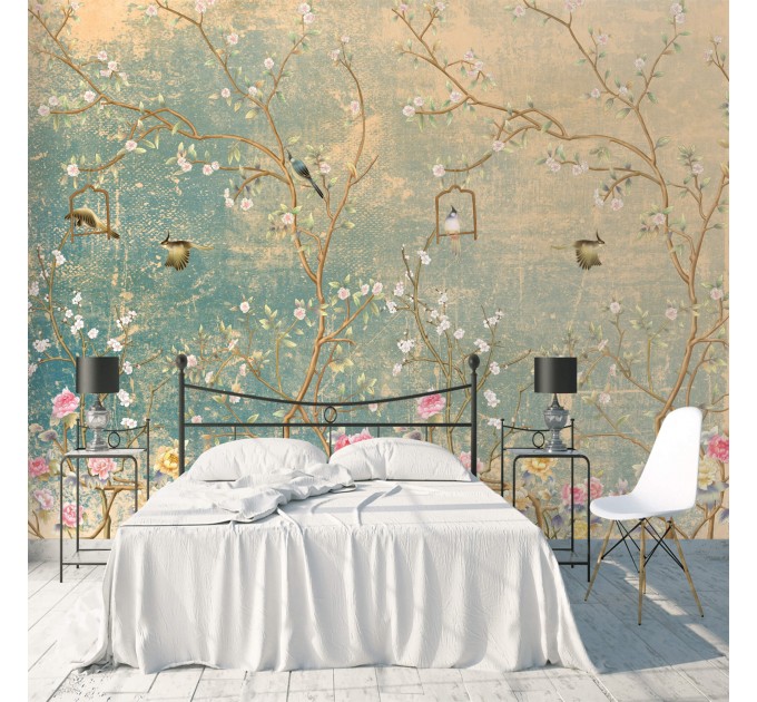 Chinoiserie floral wallpaper mural with birds, vintage style