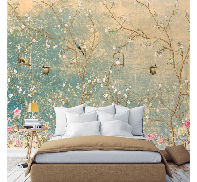 Chinoiserie floral wallpaper mural with birds, vintage style