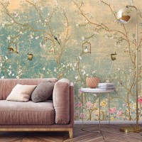 Chinoiserie floral wallpaper mural with birds, vintage style