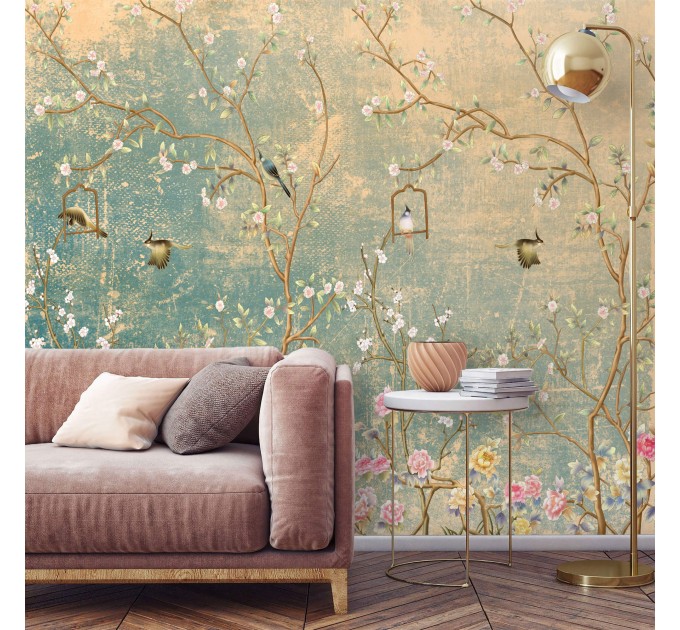 Chinoiserie floral wallpaper mural with birds, vintage style