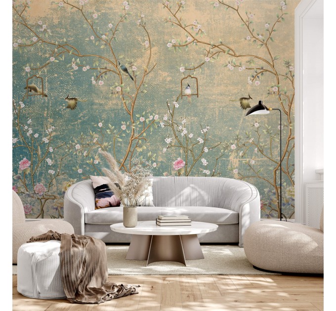 Chinoiserie floral wallpaper mural with birds, vintage style
