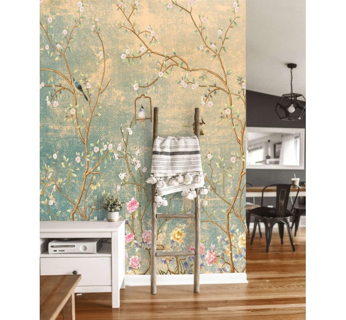 Chinoiserie floral wallpaper mural with birds, vintage style