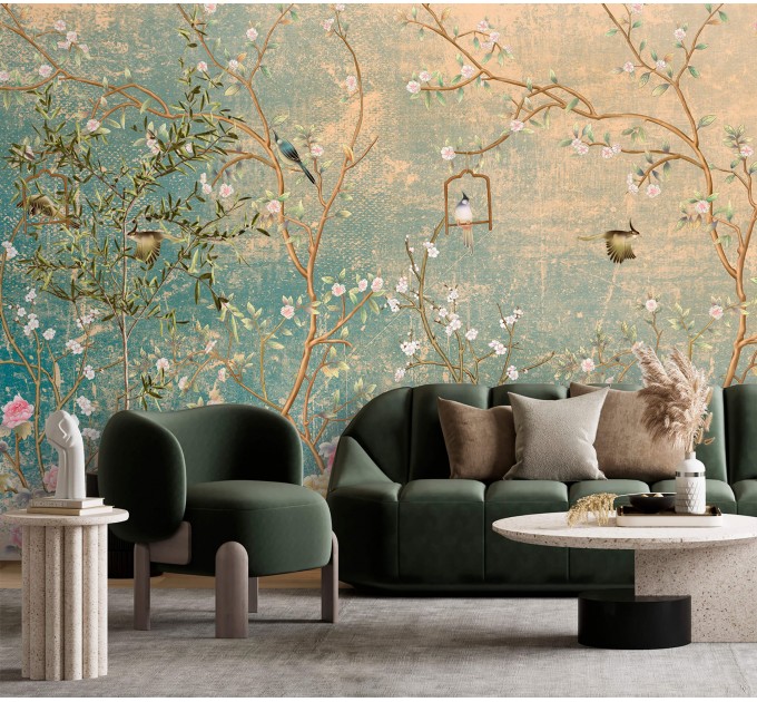 Chinoiserie floral wallpaper mural with birds, vintage style