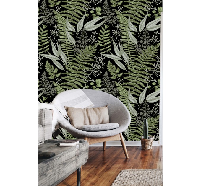 Dark botanical wallpaper herbs, Fern leaves wall covering