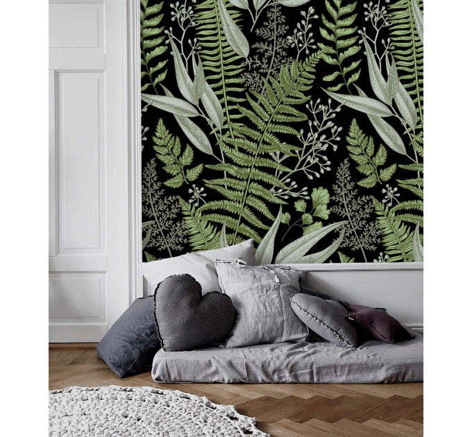 Dark botanical wallpaper herbs, Fern leaves wall covering
