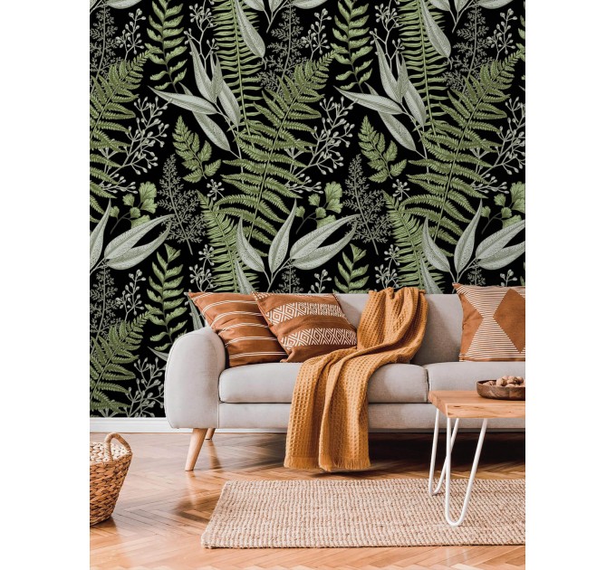 Dark botanical wallpaper herbs, Fern leaves wall covering