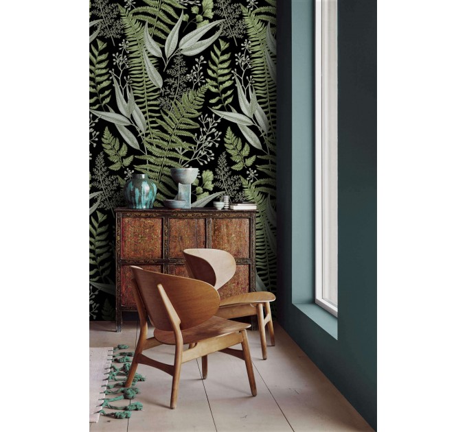 Dark botanical wallpaper herbs, Fern leaves wall covering
