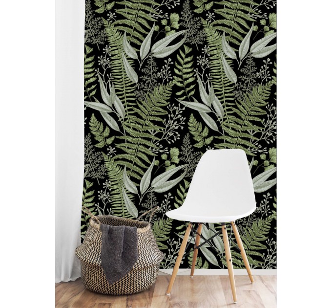 Dark botanical wallpaper herbs, Fern leaves wall covering