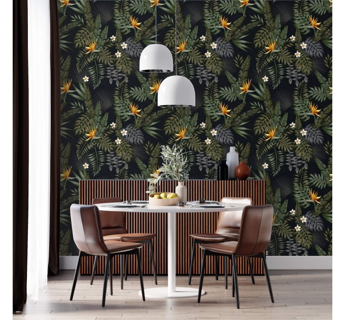 Tropical wallpaper leaves and flowers on dark