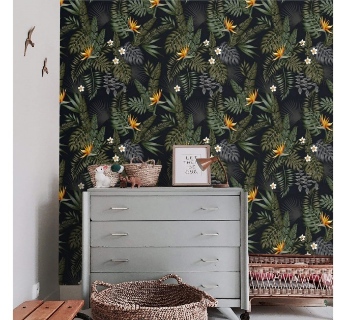 Tropical wallpaper leaves and flowers on dark