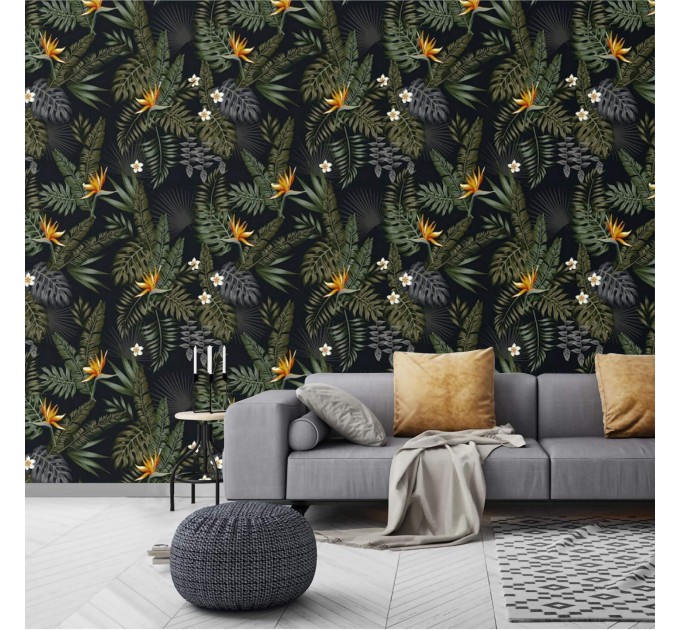 Tropical wallpaper leaves and flowers on dark
