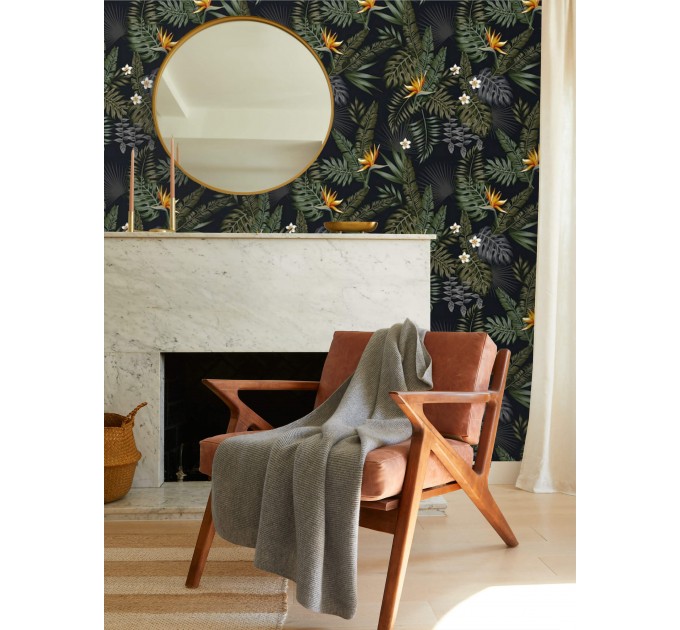 Tropical wallpaper leaves and flowers on dark