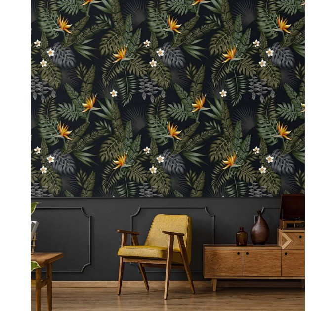 Tropical wallpaper leaves and flowers on dark