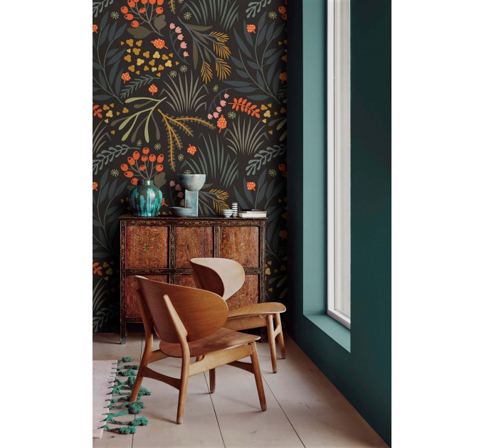 Dark botanical wallpaper leaves and herbs design
