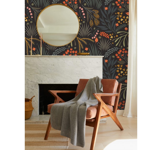 Dark botanical wallpaper leaves and herbs design