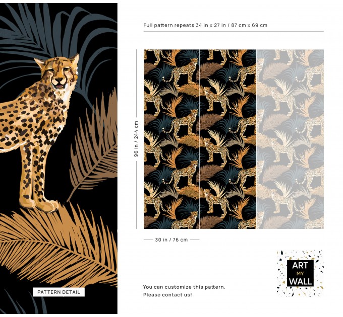 Tropical wild animals wallpaper with jaguars and palm leaves