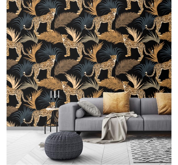 Tropical wild animals wallpaper with jaguars and palm leaves