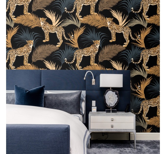Tropical wild animals wallpaper with jaguars and palm leaves