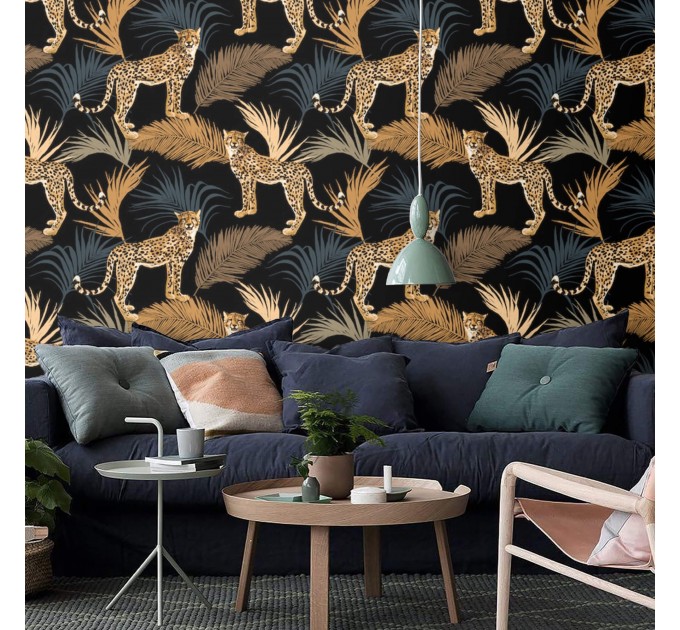 Tropical wild animals wallpaper with jaguars and palm leaves