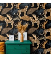 Tropical wild animals wallpaper with jaguars and palm leaves Tropical wild animals wallpaper with jaguars and palm leaves