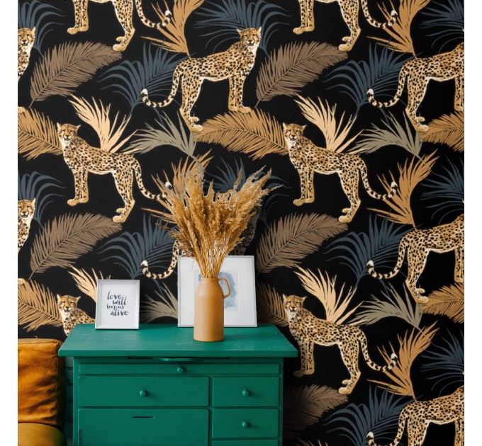 Tropical wild animals wallpaper with jaguars and palm leaves