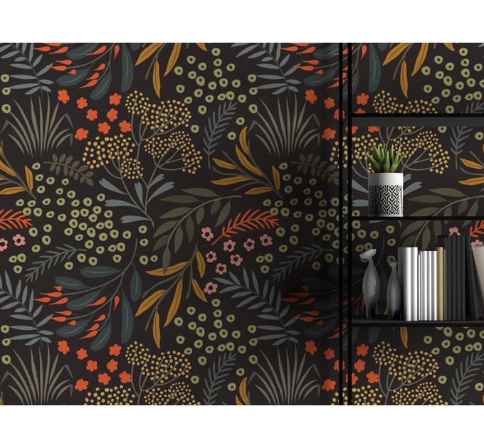 Dark floral wallpaper leaves and herbs, accent wall covering