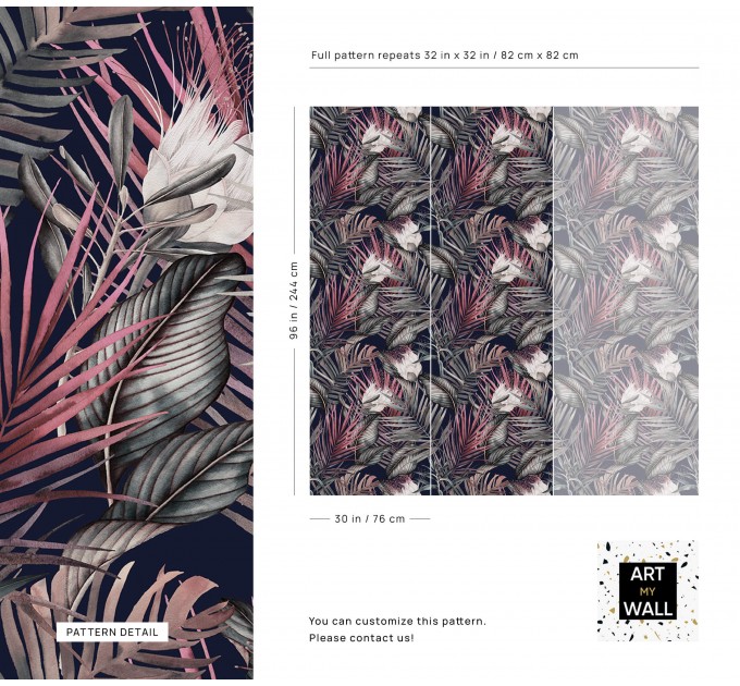 Dark floral wallpaper, accent tropical flowers wall covering