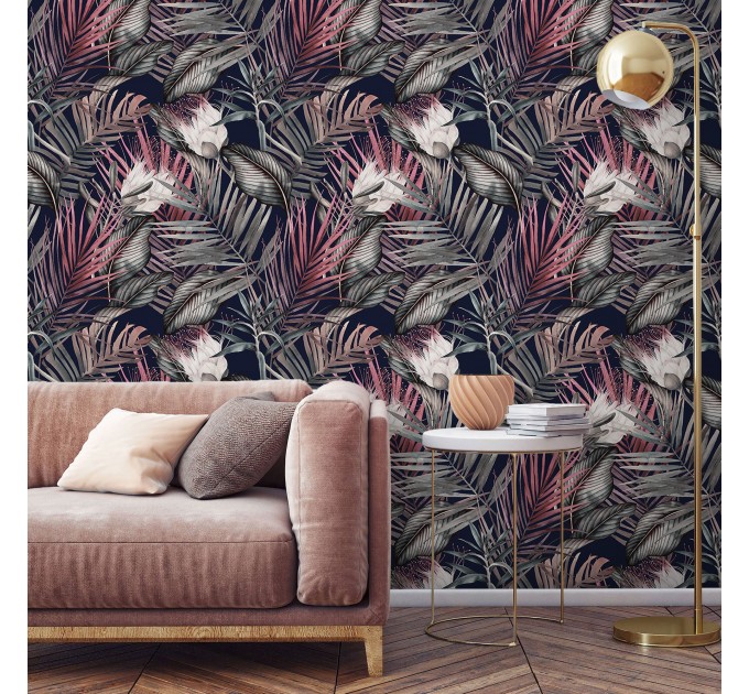 Dark floral wallpaper, accent tropical flowers wall covering