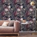 Dark floral wallpaper, accent tropical flowers wall covering