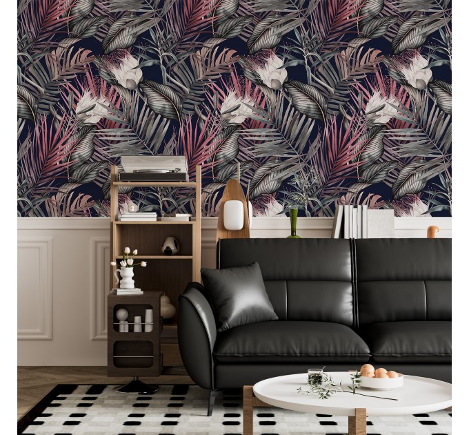 Dark floral wallpaper, accent tropical flowers wall covering