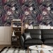 Dark floral wallpaper, accent tropical flowers wall covering