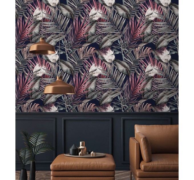 Dark floral wallpaper, accent tropical flowers wall covering