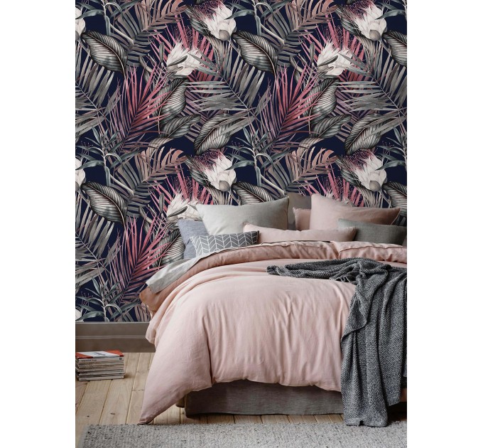 Dark floral wallpaper, accent tropical flowers wall covering