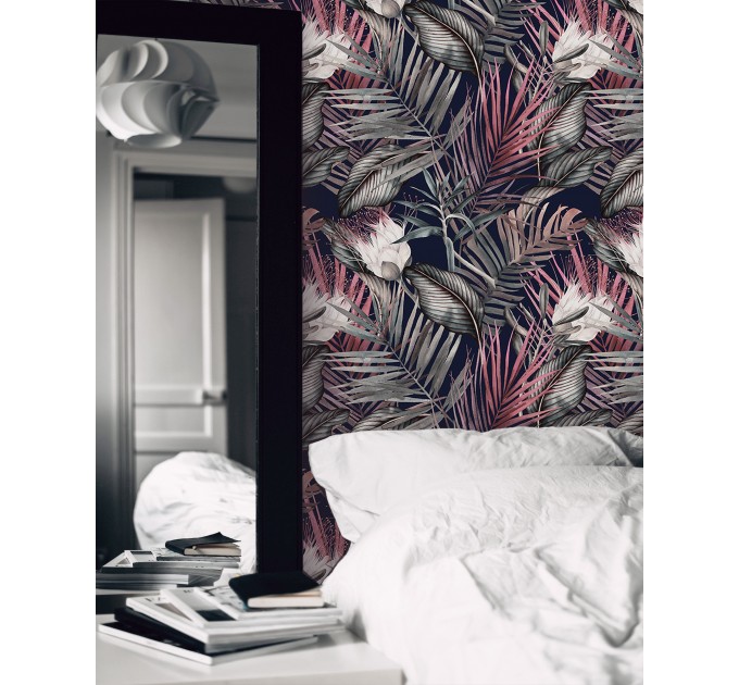 Dark floral wallpaper, accent tropical flowers wall covering