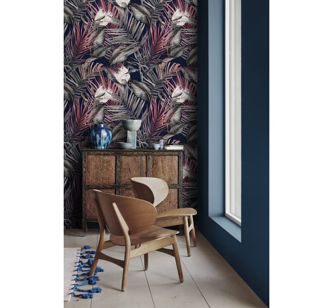 Dark floral wallpaper, accent tropical flowers wall covering