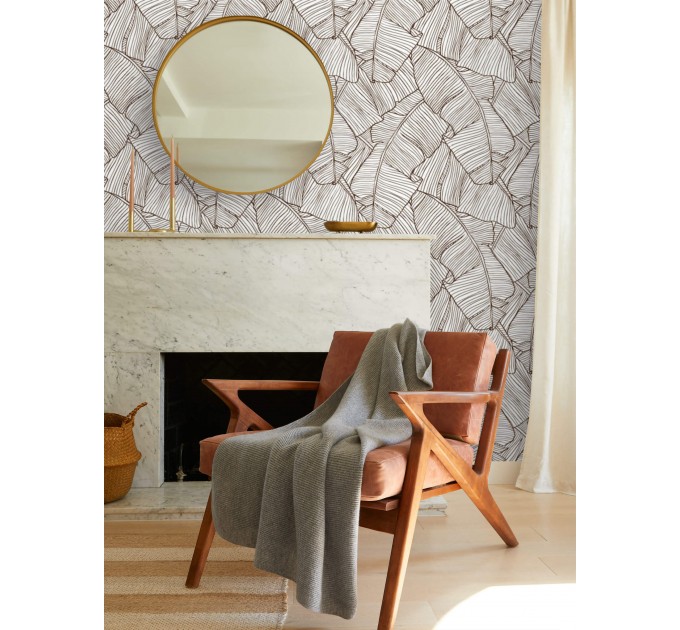 Wallpaper large banana leaves linear neutral foliage