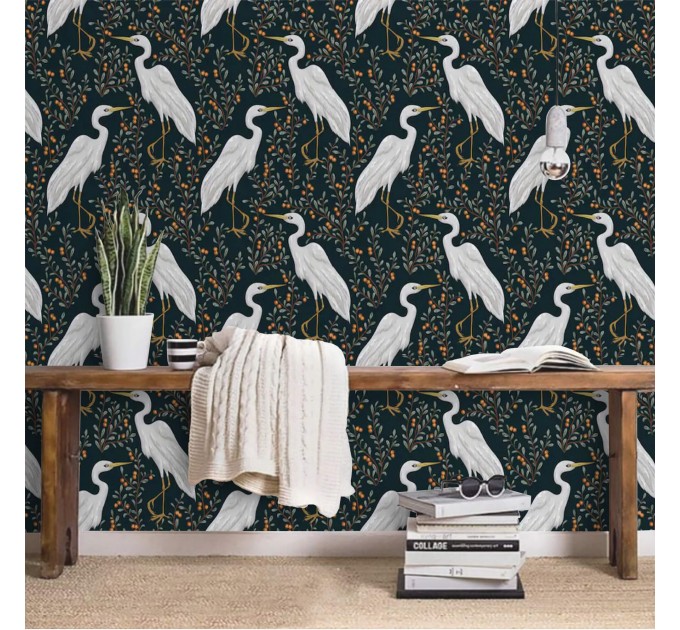 Dark botanical wallpaper with birds, herons pattern