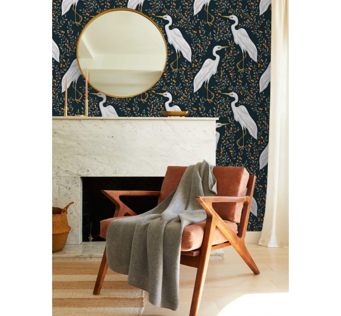 Dark botanical wallpaper with birds, herons pattern