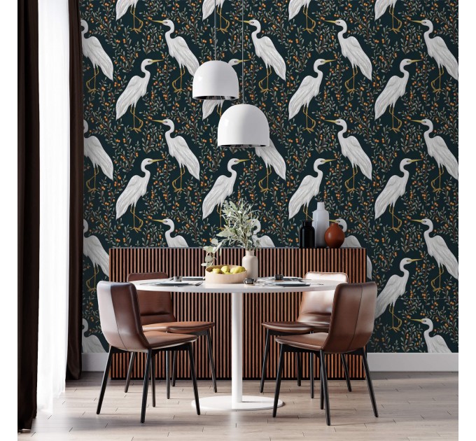 Dark botanical wallpaper with birds, herons pattern