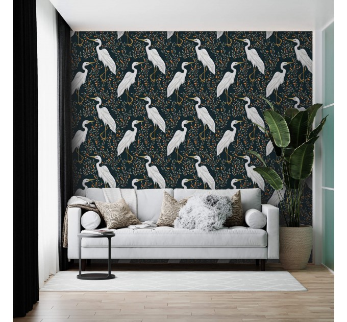 Dark botanical wallpaper with birds, herons pattern