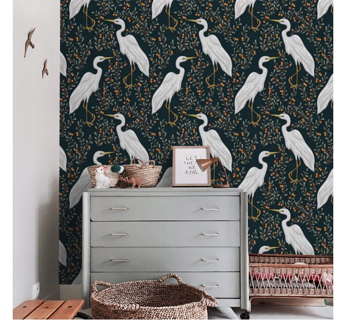 Dark botanical wallpaper with birds, herons pattern
