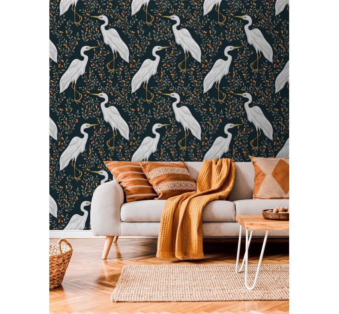 Dark botanical wallpaper with birds, herons pattern