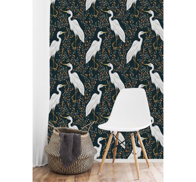 Dark botanical wallpaper with birds, herons pattern