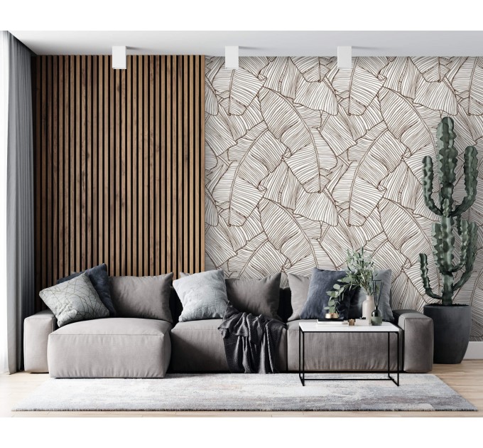 Wallpaper large banana leaves linear neutral foliage