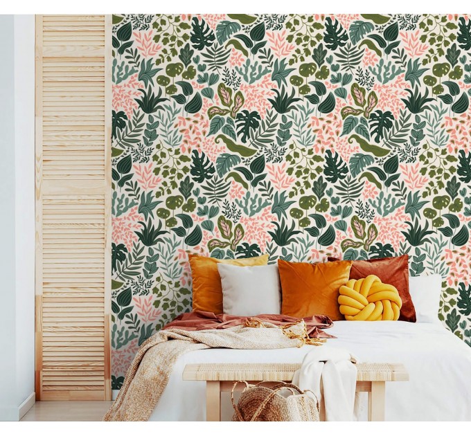 Botanical wallpaper, vibrant colorful leaves