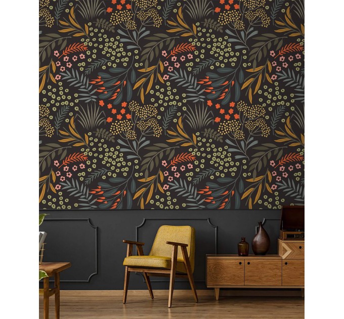 Dark floral wallpaper leaves and herbs, accent wall covering