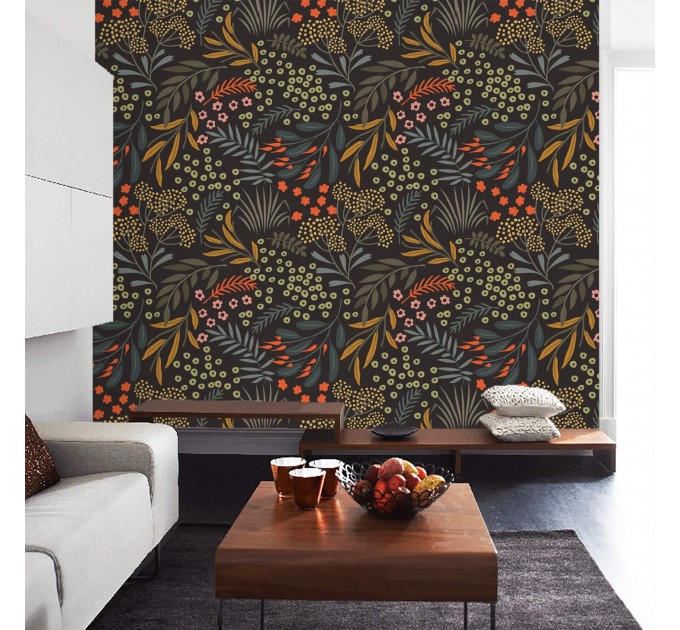 Dark floral wallpaper leaves and herbs, accent wall covering