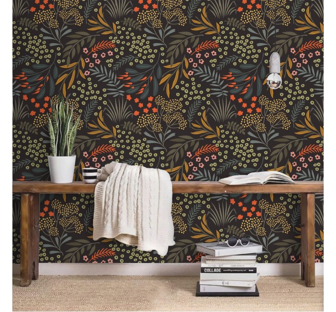 Dark floral wallpaper leaves and herbs, accent wall covering