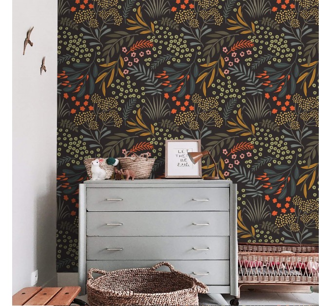 Dark floral wallpaper leaves and herbs, accent wall covering